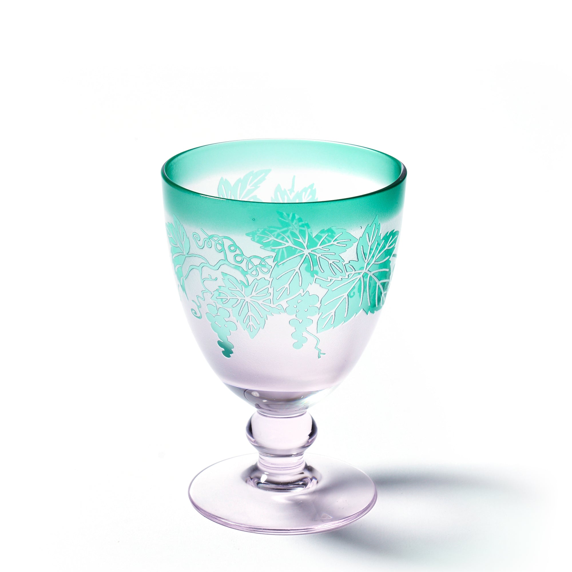 彫刻 夢柄子 ぶどう紋 ゴブレット ピンク/グリーン ｜江戸切子グラス