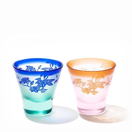 彫刻 夢柄子 鉄線紋 高台オールドグラスペア