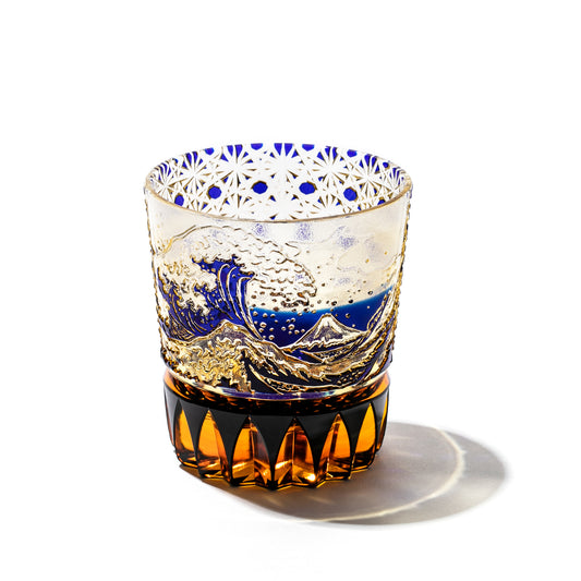 江戸切子 伝統工芸士 木村泰典 作 富嶽三十六景「神奈川沖波裏」に菊籠目紋 オールドグラス 琥珀ルリ