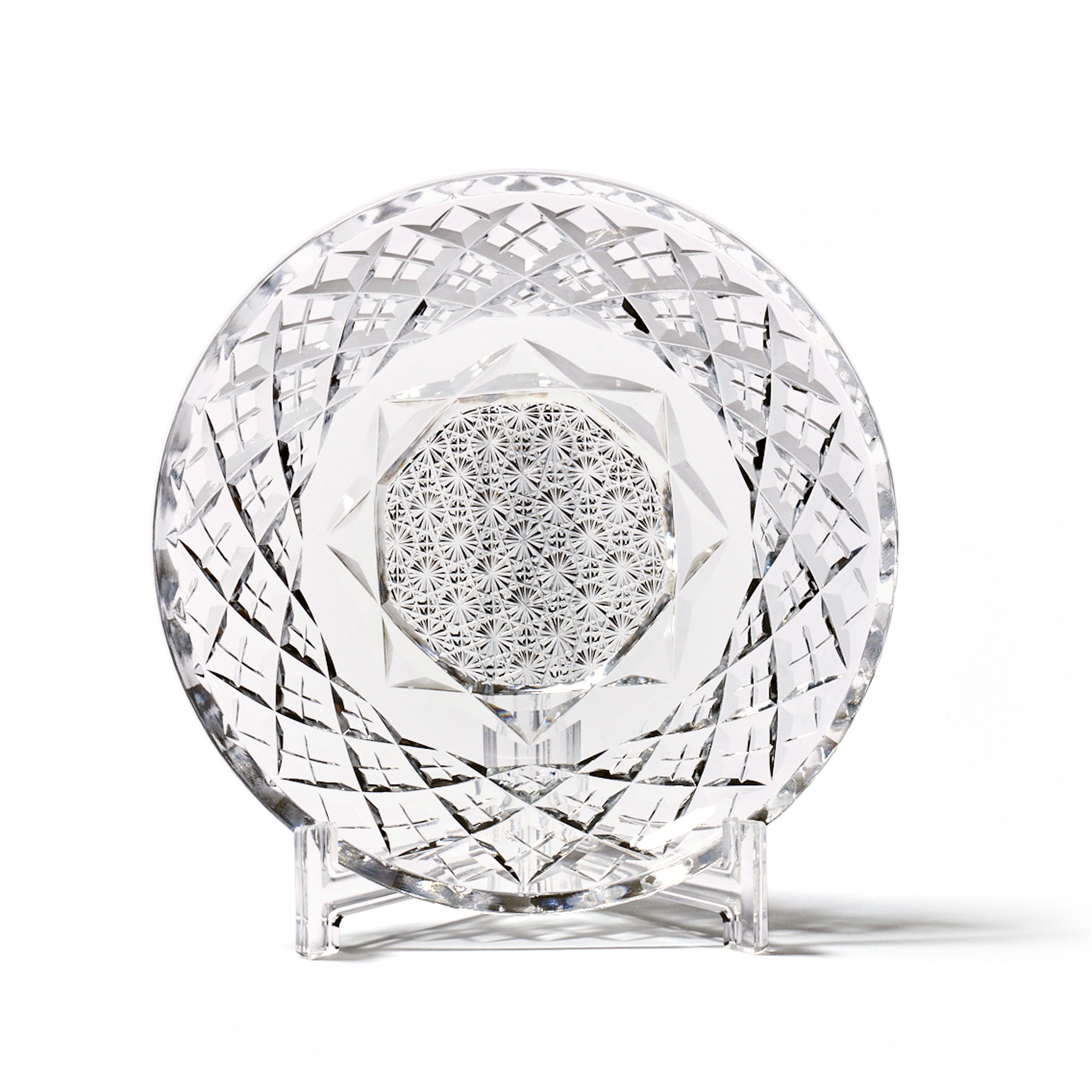 江戸切子 伝統工芸士 木村泰典 作 重矢来に菊繋ぎ紋 平皿 透き ｜江戸