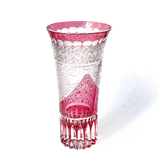 江戸切子　富嶽三十六景「凱風快晴」に菊籠目紋　花瓶　金赤