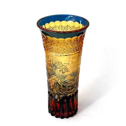 江戸切子　富嶽三十六景「神奈川沖波裏」に菊籠目紋　花瓶　琥珀ルリ