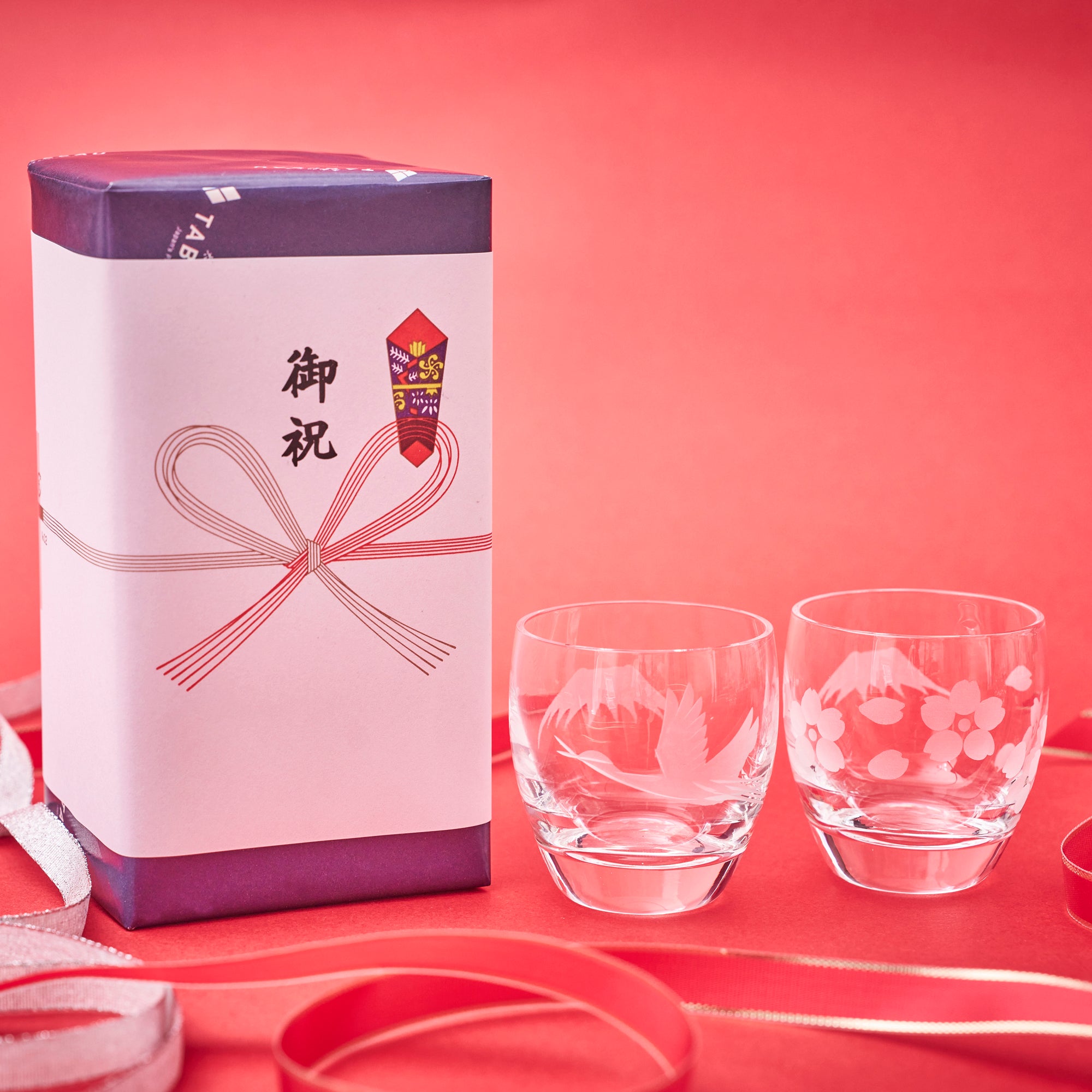 江戸切子　富士山に鶴・桜　冷酒グラスペア　透き