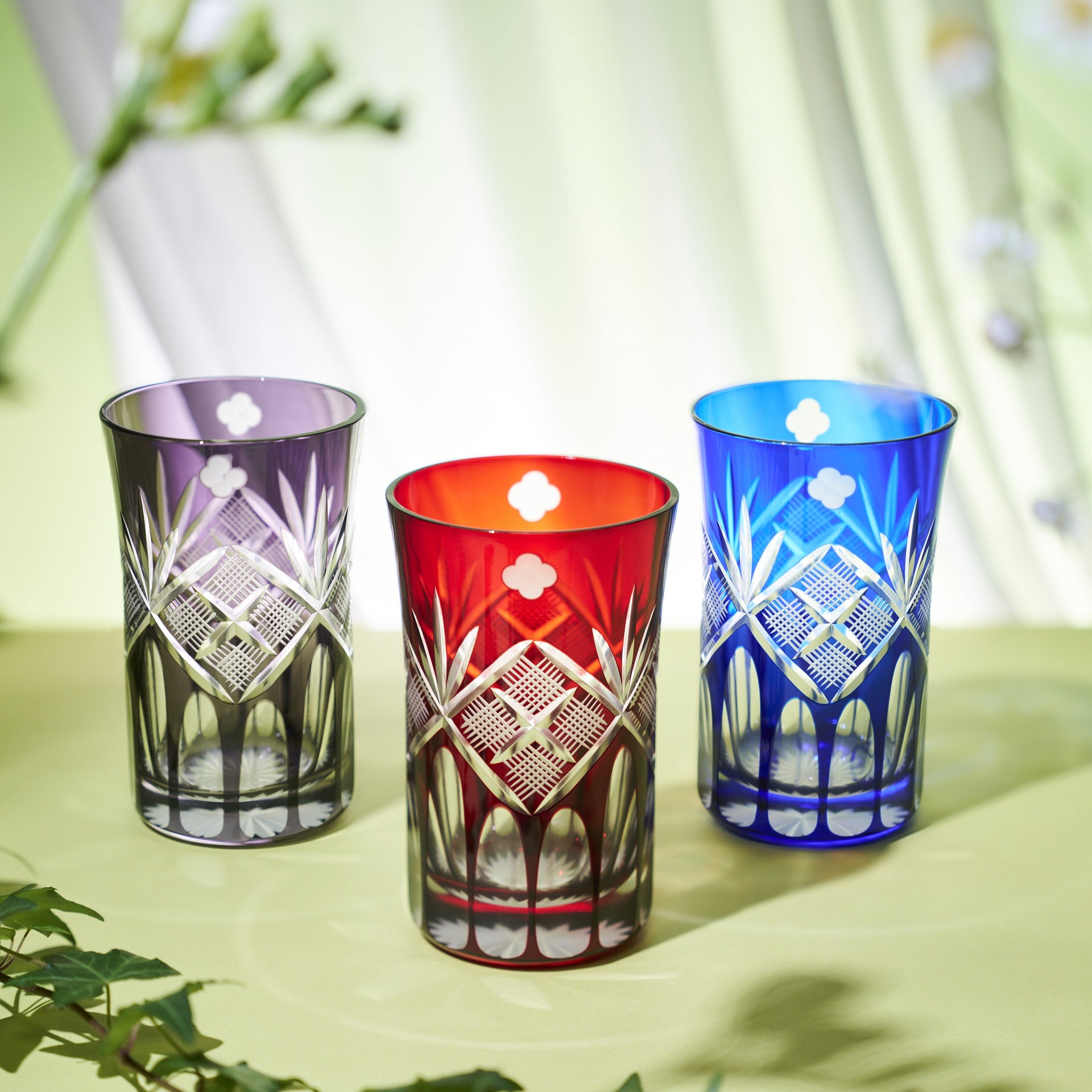 江戸切子　四ツ葉元禄紋　タンブラー　江戸紫