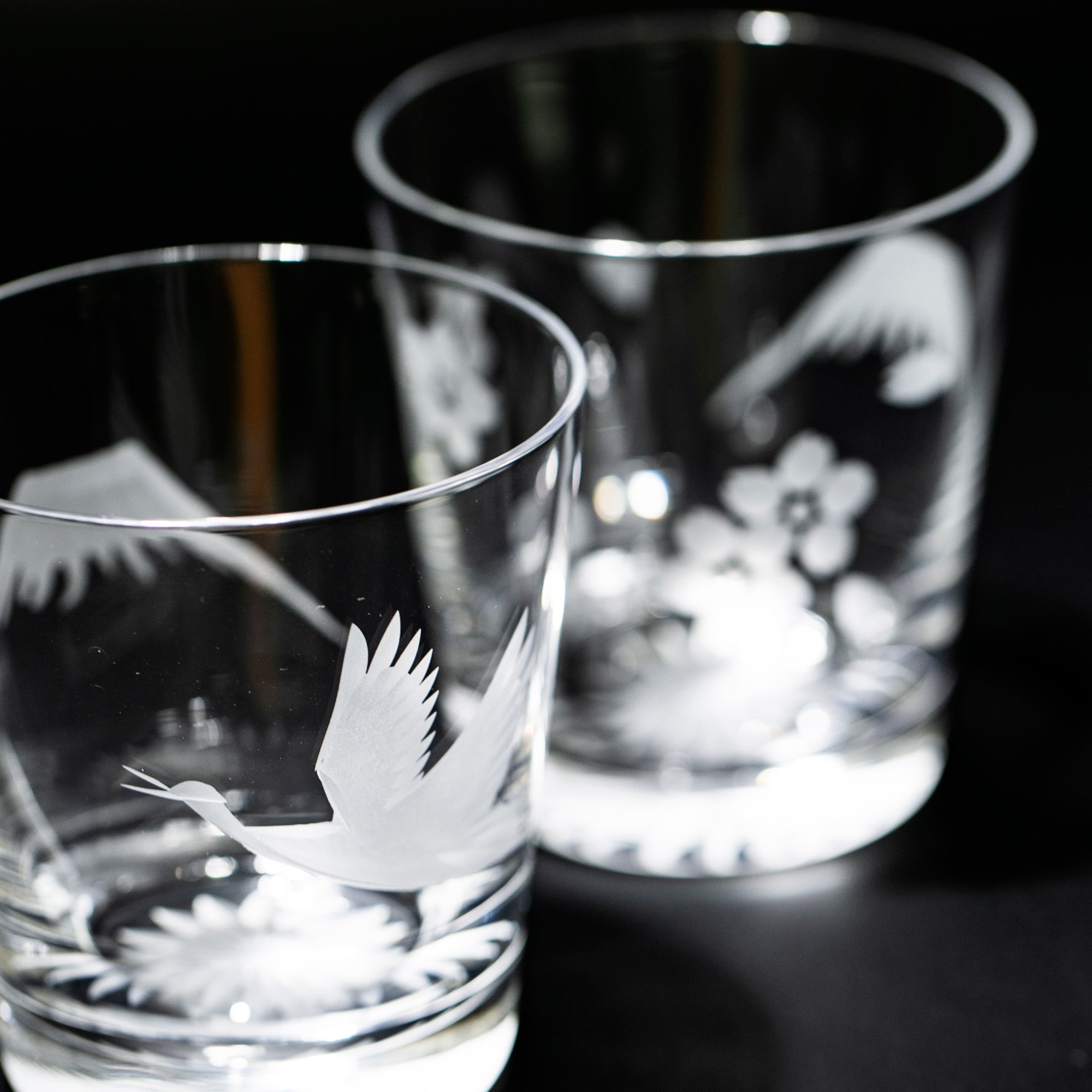 江戸切子　富士山に鶴・桜　オールドグラスペア　透き【名入れ無料】