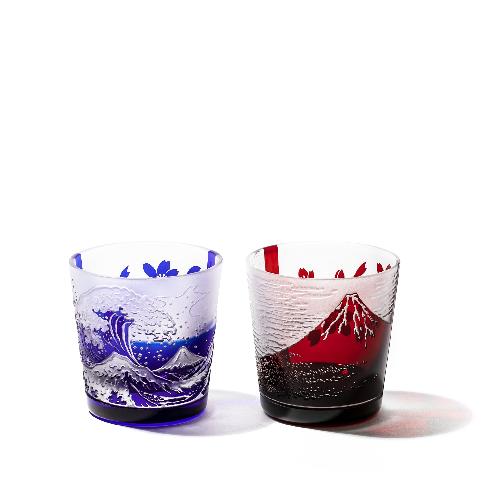 江戸硝子　赤富士・波富士に桜　フリーカップペア　赤・ルリ
