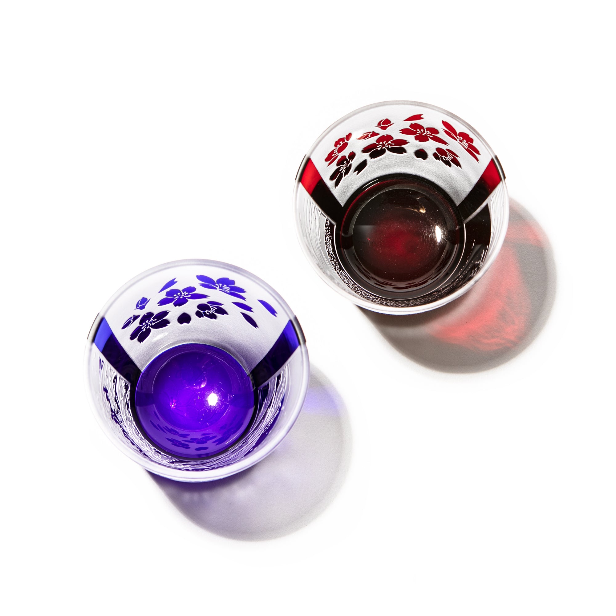 江戸硝子　赤富士・波富士に桜　フリーカップペア　赤・ルリ