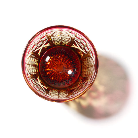 サイズ83×H90江戸切子 菊籠目に菊繋ぎ紋 オールドグラス 琥珀金赤