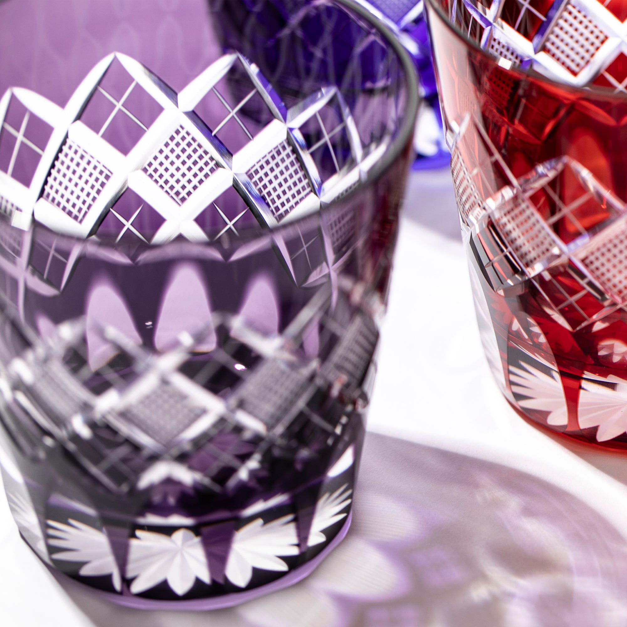 江戸切子　矢来魚子紋　天開オールドグラス　江戸紫